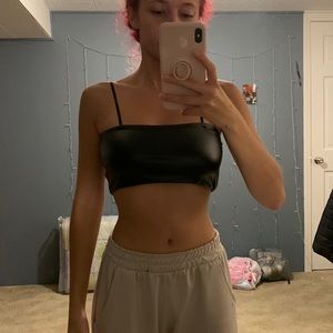 Black leather crop top, new Xs